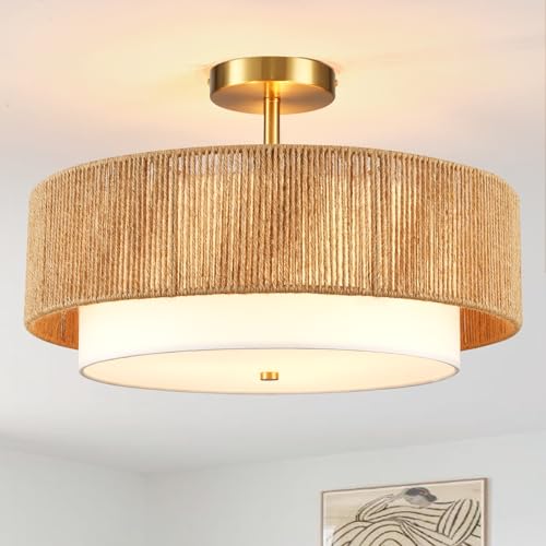 Boho Semi Flush Mount Ceiling Light Rattan Ceiling Light 18" Farmhouse Ceiling Lamp with Natural Hemp Rope Fabric Lampshade for Dining Room Living Room Bedroom Kitchen (18" Hemp Rope&Fabric)