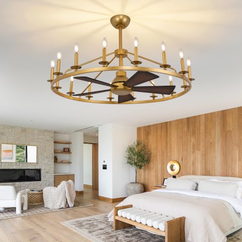 44" Wagon Wheel Chandelier Ceiling Fan with Lights (Gold / 44 inch)