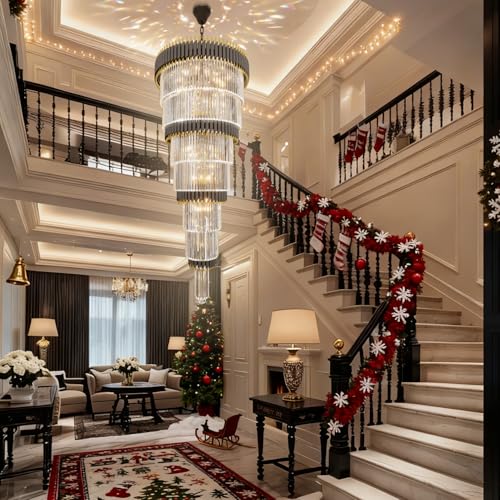 7 Tier Black and Gold Chandeliers Long Staircase Crystal Chandelier Large Entryway Chandeliers Adjustable Chain for Entrance Hall Living Room Foyer H66 x W32 19 Lights (D32"XH66" Black)