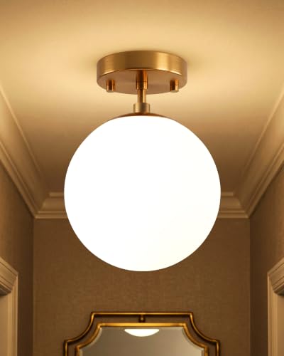 Semi Flush Mount Ceiling Light 6" Globe Mid Century Modern Light Fixture Milk Glass with Champagne Bronze Finish Light Fixtures for Hallway Entryway Kitchen Island Closet Laundry (Champagne Bronze-6" / 2 Pack)