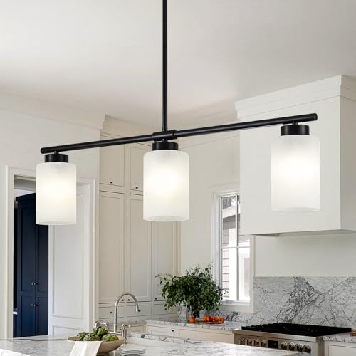 31" Kitchen Island Lighting 3 Light Black Pendant Light for Kitchen Island with Milk Glass Shade Modern Linear Chandelier Adjustable Hanging Farmhouse Light Fixtures Over Dining Table Living Room (Black / 3-light)