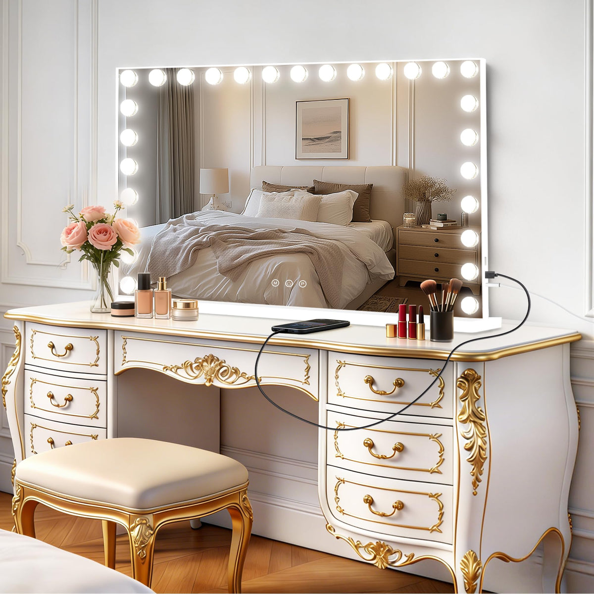 Vanity Mirror with Lights (White / 52"L x 30"W)