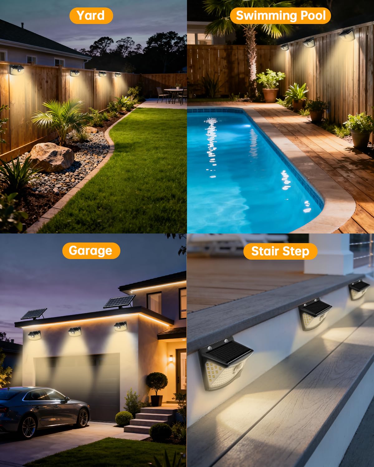 Solar Motion Sensor Lights Outdoor 120 LEDs (Black-Warm / 6 Pack)
