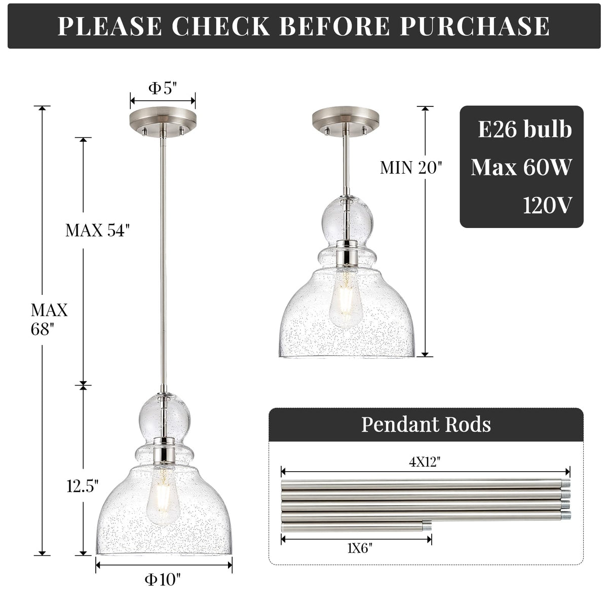 Brushed Nickel Seeded Glass Pendant Light Modern Kitchen light fixture (Nickel Seeded)