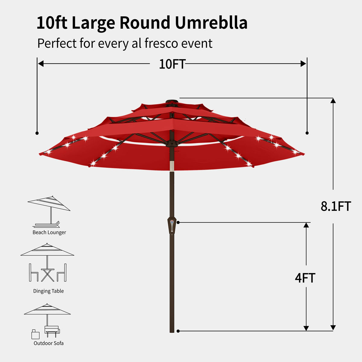 10ft 3 Tier Patio Umbrella with Solar Lights (Red-LED / 10 FT)