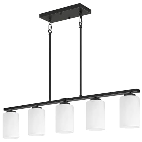 Modern Island Lights for Kitchen Black Chandelier Dining Room Light Fixture (5-Light White Glass)