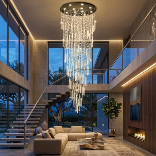 D32'' x H100'' Modern Crystal Chandelier High Ceiling Chandeliers for Entryway Glam Chandelier Large Raindrop Chandeliers LED Dimmable Light Fixtures for Staircaes Foyer Hallway Living Room Black (D32" x H100" Black)