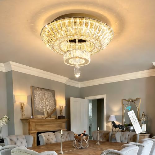 Gold Crystal Chandelier Glam Bedroom Ceiling Light Fixture 20W Dimmable LED Chandeliers for Entryway Dining Room Living Room (Gold / W16"-Ring)