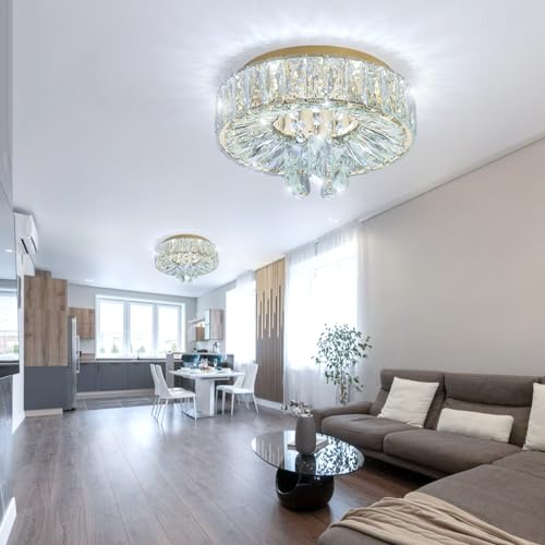 Mini Chandelier Modern Crystal Chandeliers for Hallway LED Flush Mount Ceiling Light Dimmable Light Fixture for Dining Room Living Room Bedroom (Gold / 11.8" Width)