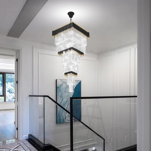 Modern Black and Gold Crystal Chandelier Large Foyer Chandelier for High Ceiling Long Entryway Chandeliers Adjustable Chain for Hall Living Room Entrance Staircase W24 x H80 17 Lights (D24"XH80" Black)