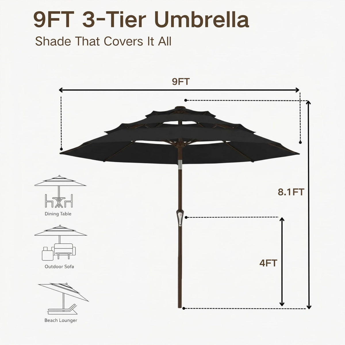 9ft 3 Tier Patio Umbrella (Black / 9 FT)