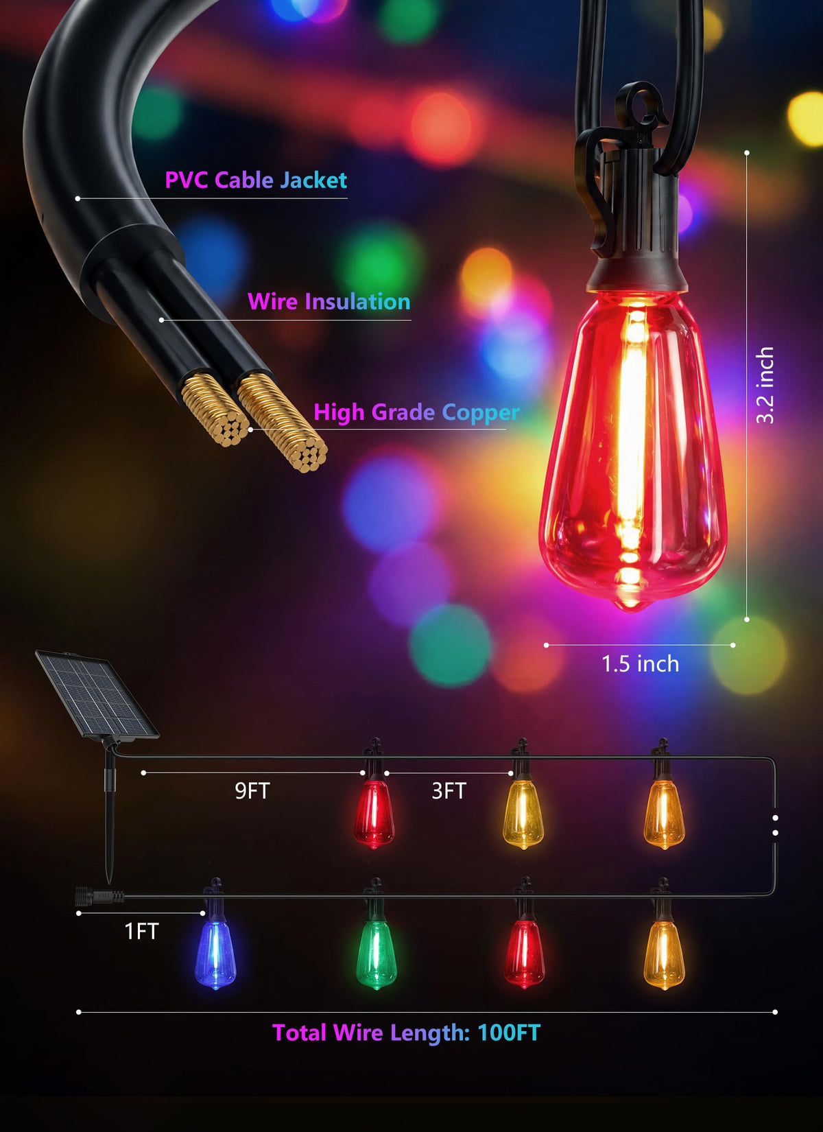 100FT Solar Christmas Lights Outdoor (100FT(31+2 Multicolor Sockets))