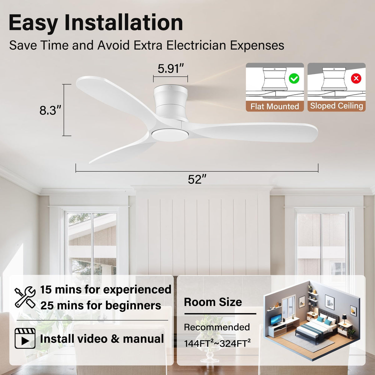 52Inch Wood Low Profile Ceiling Fans with Lights Remote (White Wood / Remote Control)