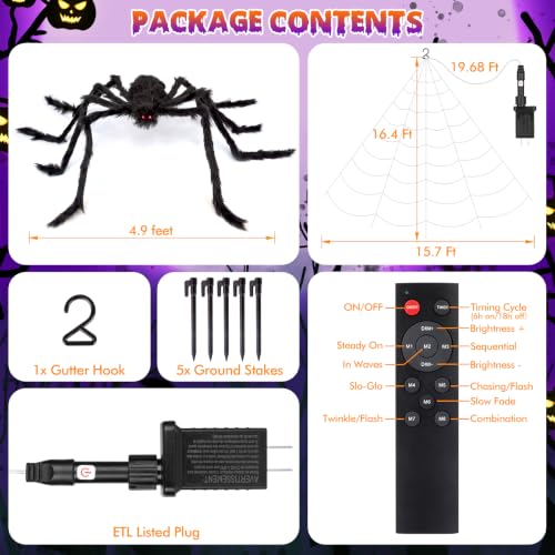 200" Halloween Decorations Spider Web Lights Outdoor +59" Fake Spider (Purple,Orange)