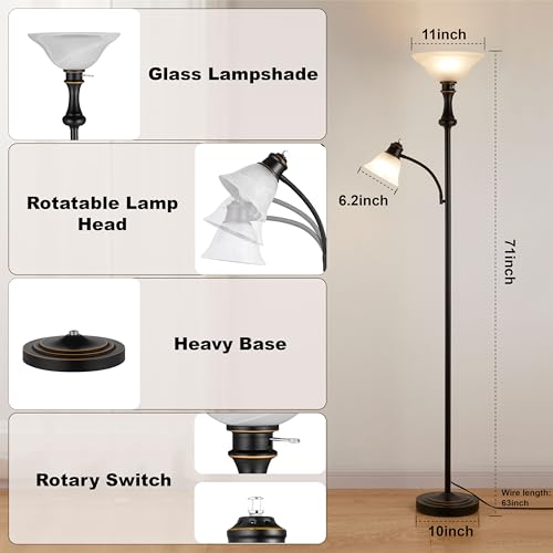Torchiere Floor Lamp with Adjustable Angle Reading Lamp (Black)
