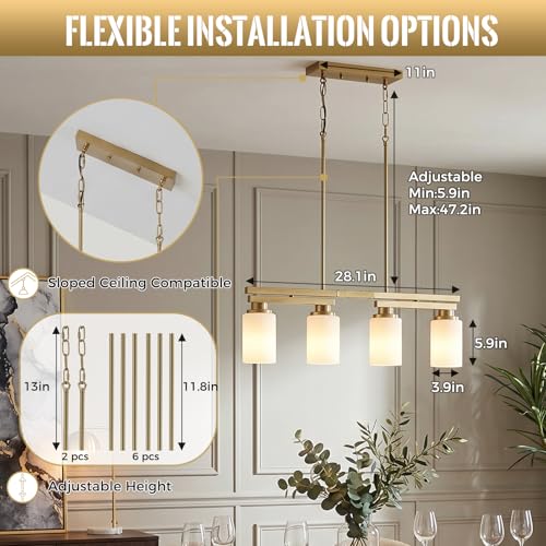 4 Light Brushed Gold Linear Chandelier (Gold+Milk Glass / 4 Light)