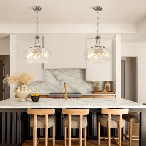 Modern Pendant Lights Kitchen Island (3-Light-Brushed Nickel-Clear Hammered Glass-14.2"(Easy To Install))