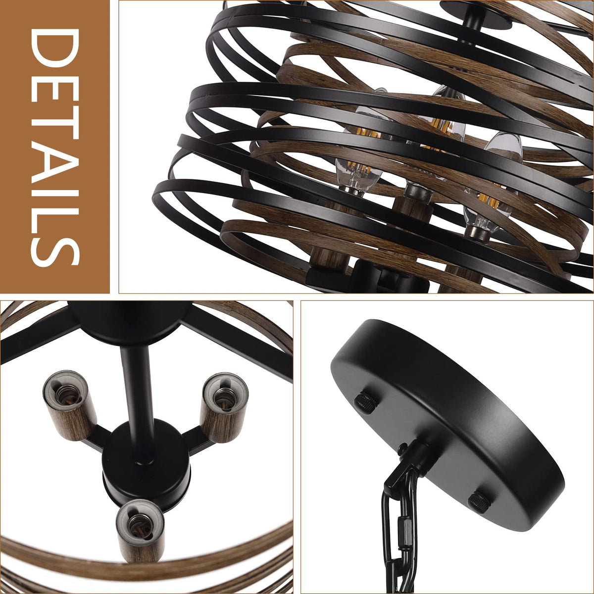 12.6'' Farmhouse Chandeliers for Dining Room (Black with Retro Wood Texture Interior / 12.6"/3-Light)