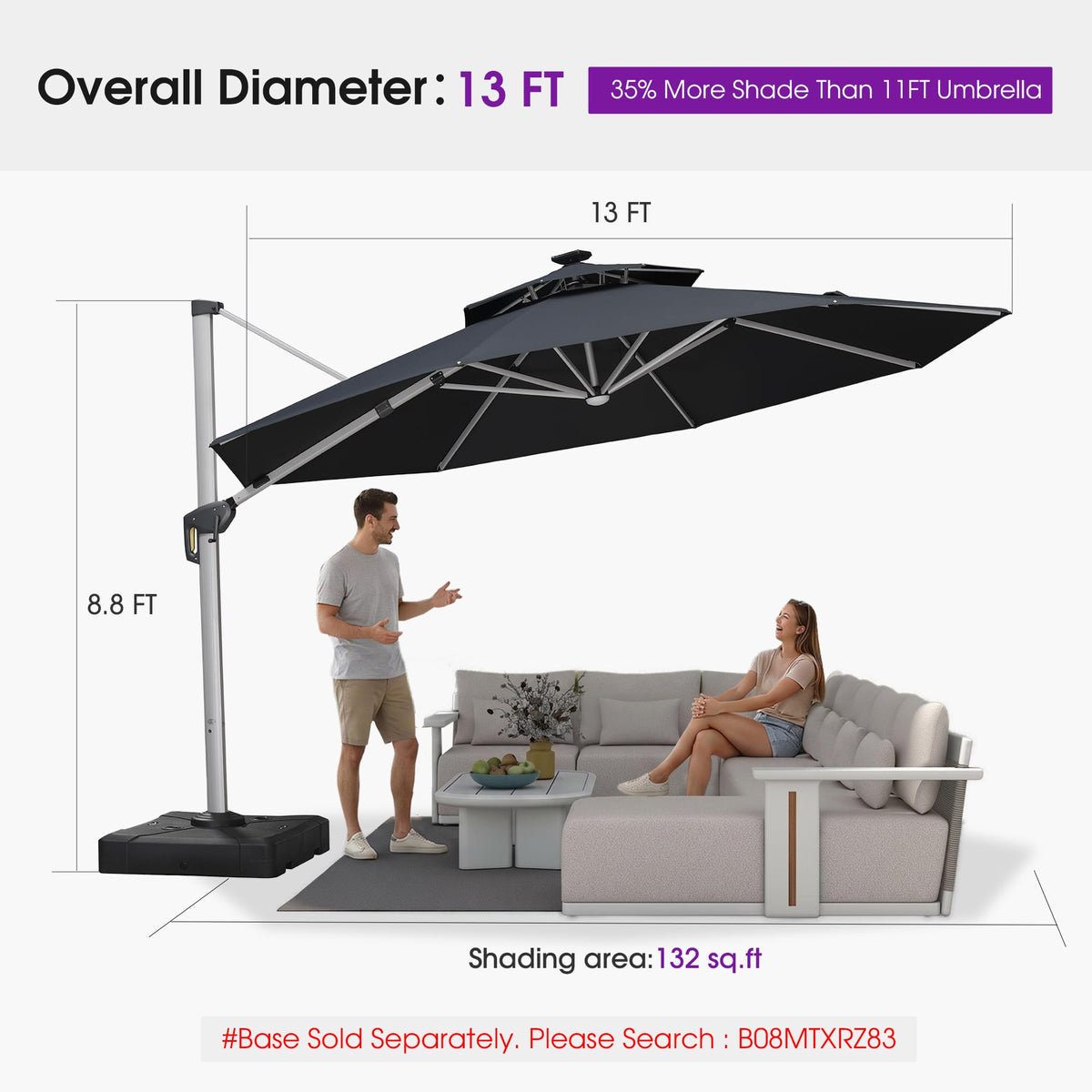 Cantilever Umbrella 13ft Solar LED Light Double Top (Grey / 13 Feet)