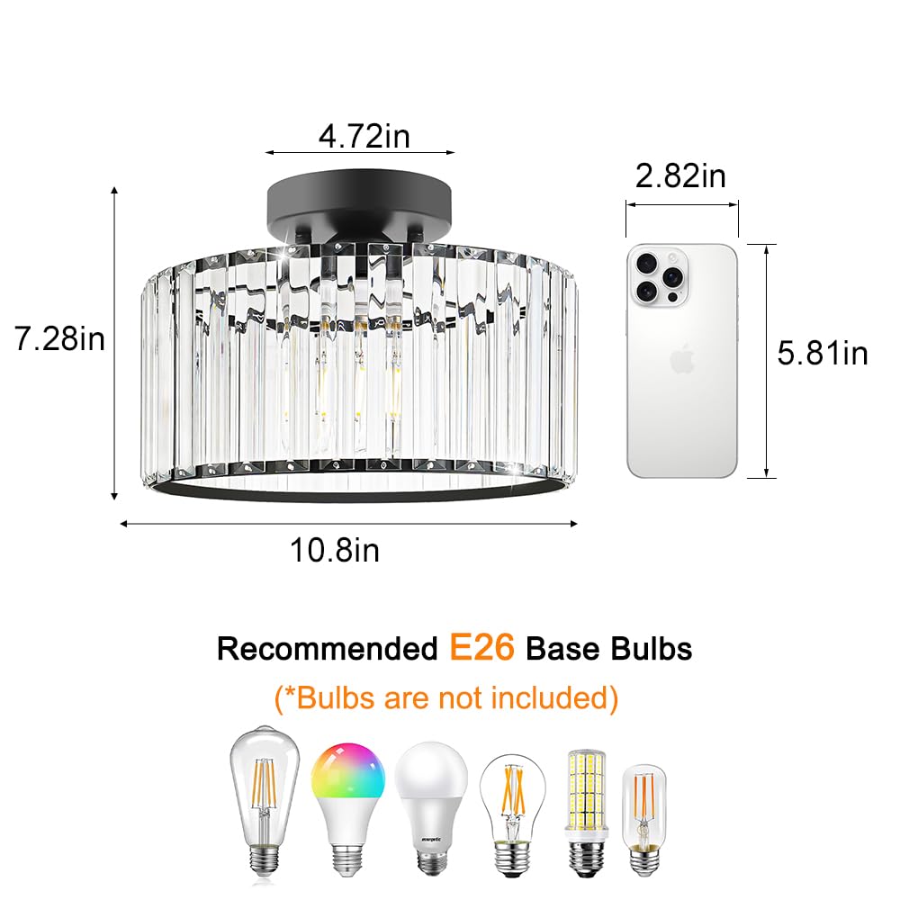 Crystal Ceiling Light Fixture (11in - 1 light / Black)