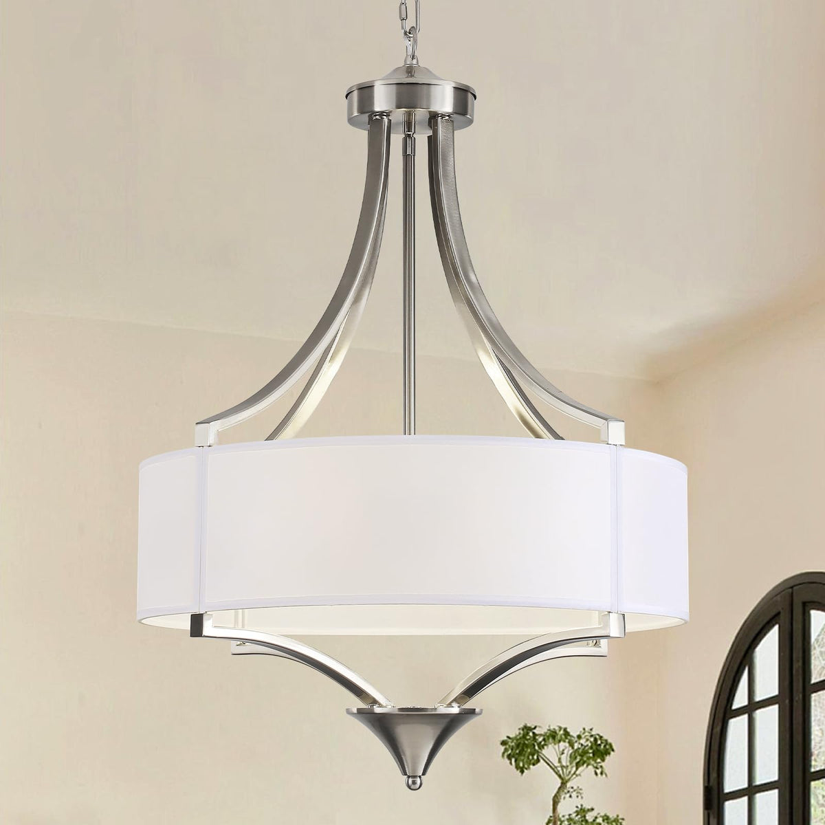 6 Light Brushed Nickel Chandelier 19.7" Modern Drum Chandeliers for Dining Room Light Fixture with White Fabric Shade Large Pendant Lighting for Kitchen Island Living Room Bedroom Foyer Over Table (6-Light Brushed Nickel and White)