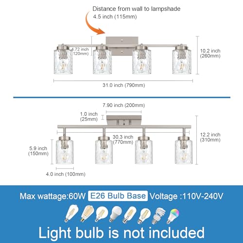4 Light Tracking Lights Brushed Nickel Rotatable Flush Mount Ceiling Light with Clear Hammered Shade (Brushed Nickel / 4 Lights)