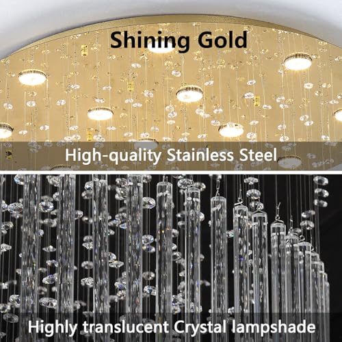 W47 x H120 Crystal LED Chandelier with Light Bulbs Luxury Raindrop High Ceiling Chandeliers for Entryway Villa Staircase Foyer Living Room Lighting Fixtures Gold (Gold / Round W47" X H118")