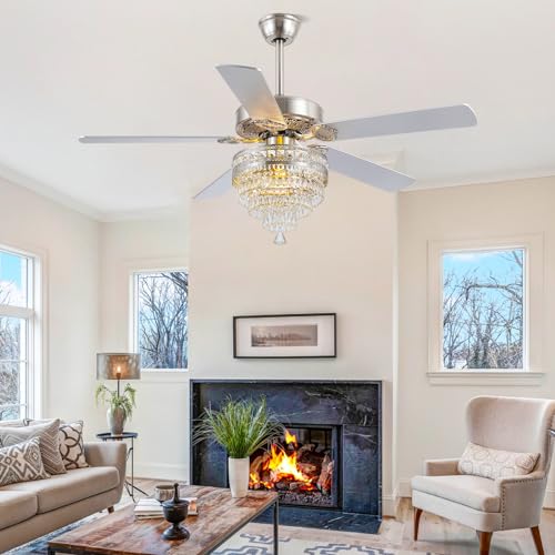 52" Silver Crystal Chandelier Ceiling Fans with Lights and Remote Control (Silver-52Inch)