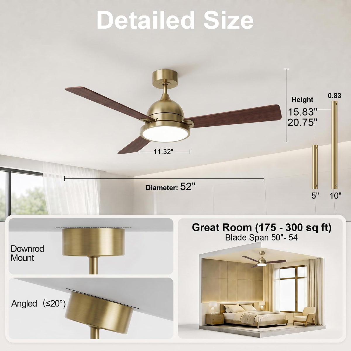 52" Ceiling Fan with Lights (Gold & Red Walnut / 52 Inch)