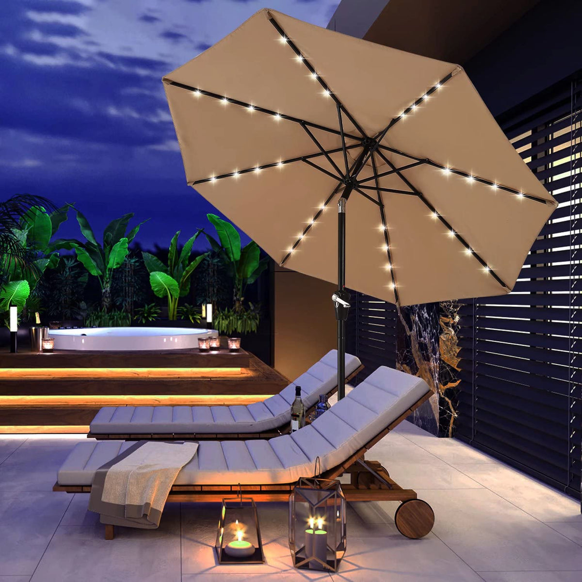 Solar Led Patio Umbrella with 32 Lights 11FT (LED Umbrella / 11ft / khaki)