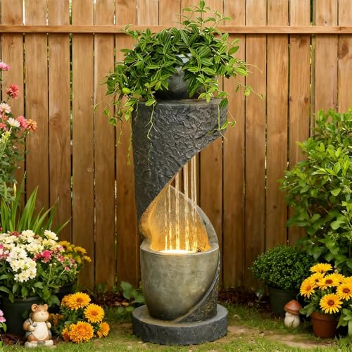 31.5H Spiral Outdoor Water Fountain with Bowl Planter (30.3H)