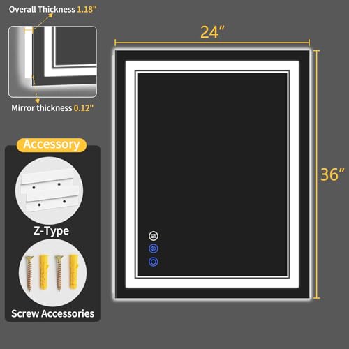 24X36 LED Bathroom Mirror with Lights (24"L x 36"W)