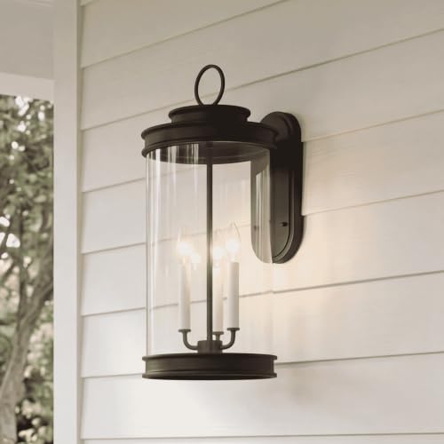 5-903-BK Englewood Traditional Vintage Coastal Clear Glass Outdoor Wall Lantern, 3-Light 120 Total Watts, 24" H x 11" W, Matte Black (24" Height)