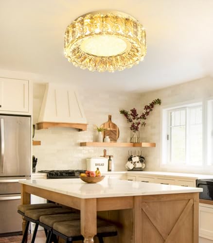 12 Inch Dimmable Crystal Chandelier Modern LED Flush Mount Ceiling Light Fixtures for Bedroom Hallway Staircase Gold (12" Gold)
