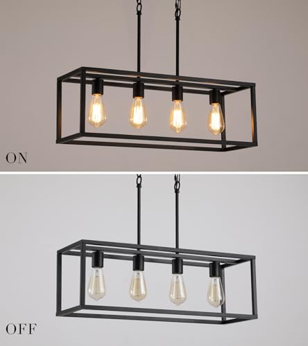 Black Rectangle Island Lighting Rectangular Modern Industrial Chandelier 4 Lights Linear Vintage Cage Light Fixtures for Kitchen Dining Room (4-Lights)