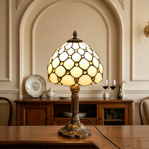 Tiffany Style Table Lamp Beige Beads Vintage Bedside Table Light Desk Lamps Accent Small Lamp 14" Tall 8" Wide Reading Lamp with Color Changing LED Bulb (Beige Beads)
