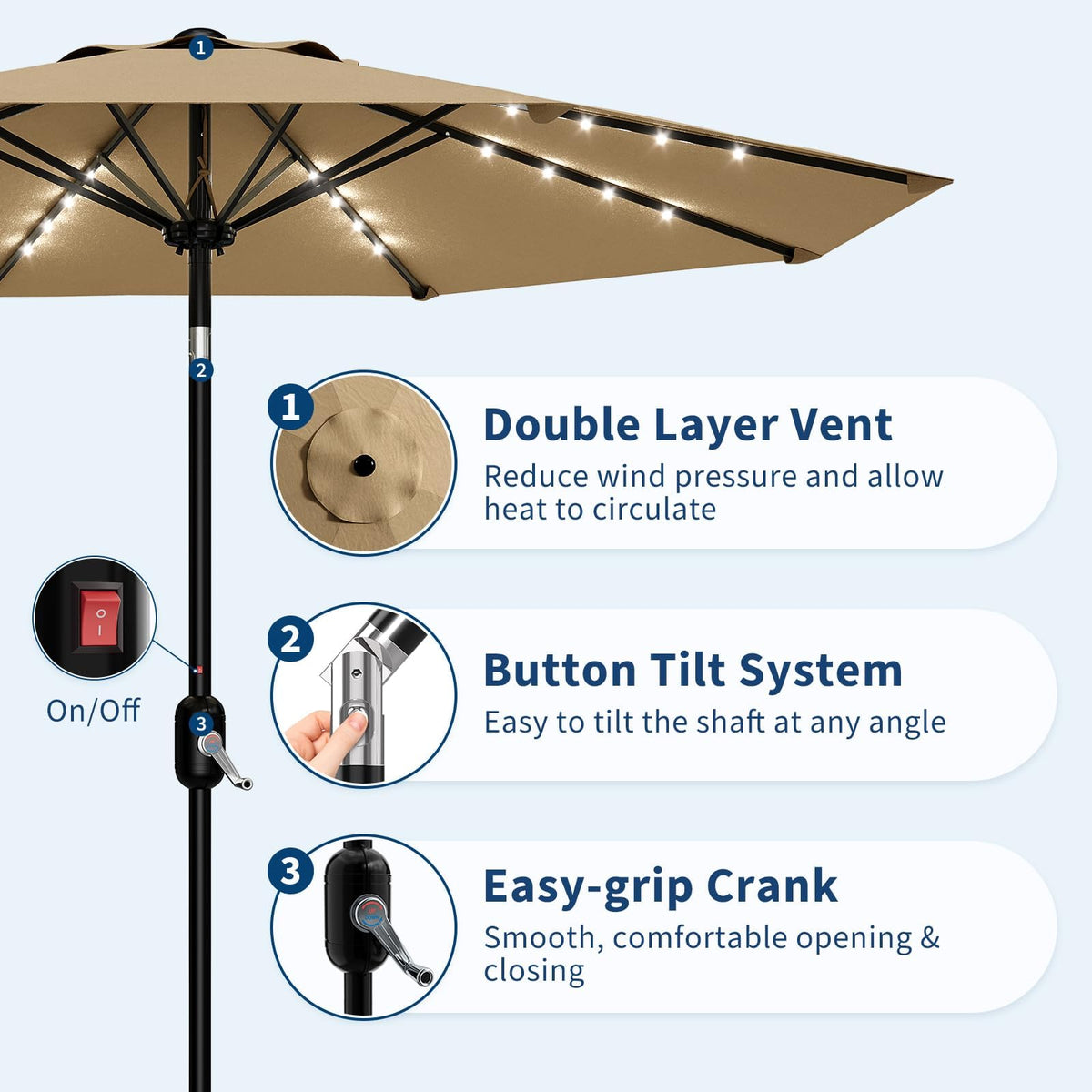 9FT Solar LED Patio Umbrella with Tilt & Crank (Tan / 9FT)