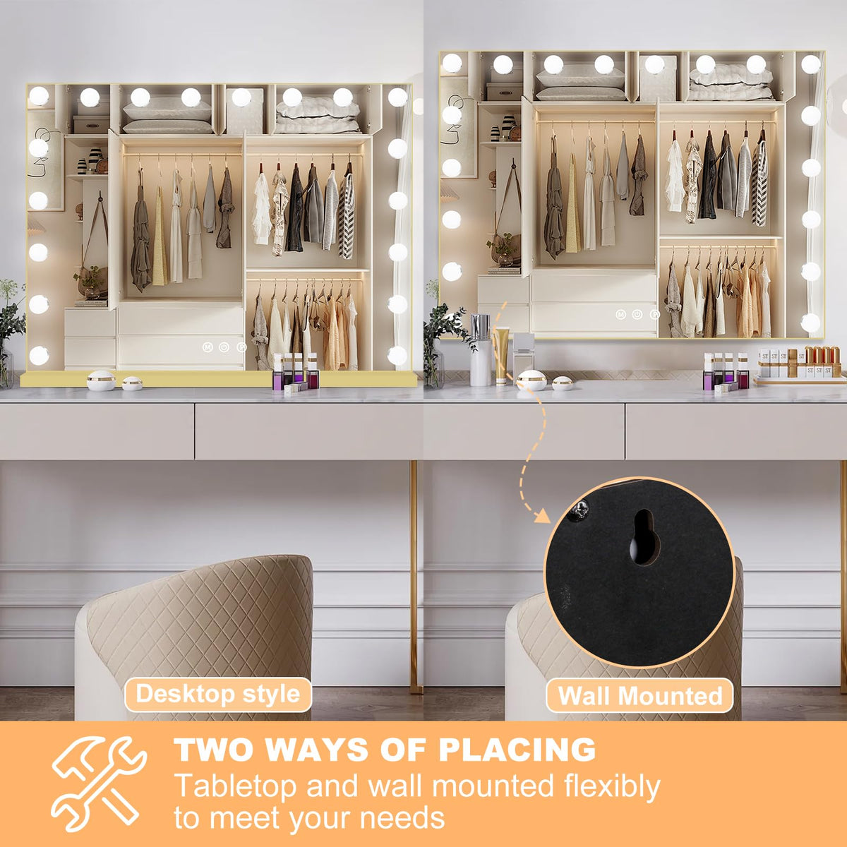 Vanity Mirror with Lights (Gold / 32"L x 24"W)