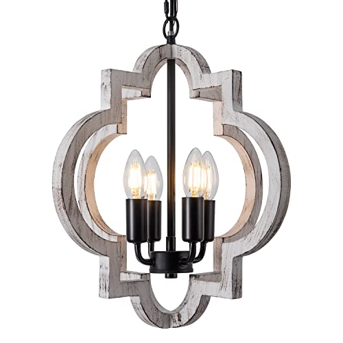 4 Light 15" Farmhouse Orb Chandelier Rustic Handmade Distressed White Wood Hanging Ceiling Pendant Light Fixture Wood Lantern Chandeliers for Dining Room Kitchen Bedroom Foyer Hallway (Textured-White / D15" x H17" 4-Light)