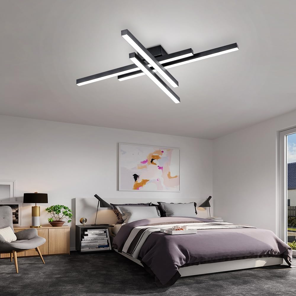 Modern LED Ceiling Lights 43.3" Black Flush Mount Ceiling Light Fixture Sputnik Dimmable Ceiling Lights with Remote Control for Bedroom Living Room Kitchen Room (4 Lights)