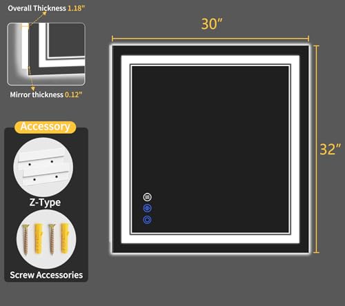 30"x32" LED Bathroom Mirror with Lights (30"L x 32"W)