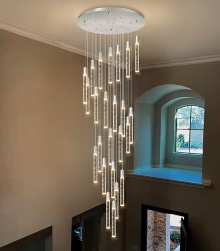 W24 x H157 Glam Chandelier Bubble Crystal Ceiling Chandeliers Remote Dimmable LED Light High Ceiling Pendants Light Fixtures Adjustable Long Lights 24 (24 lights / Silver)