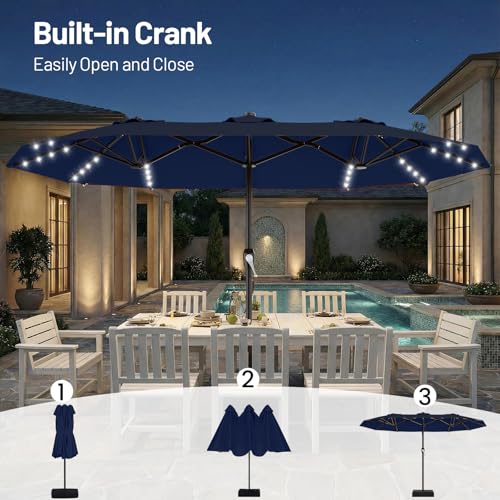15FT Patio Umbrella with Solar Lights (Navy / 9x15 Ft)