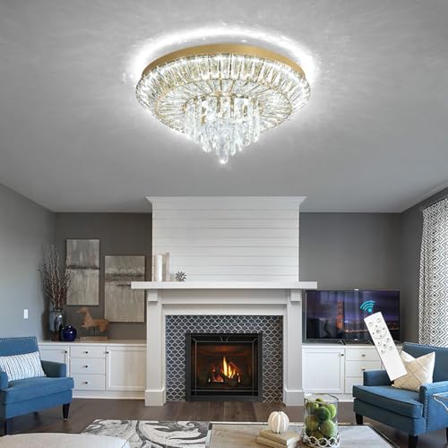 Crystal Chandelier 40W Modern Round Ceiling Light Fixture LED Raindrop Chandeliers Dimmable with Remote for Dining Room Living Room Entryway Hallway Bedroom Gold (Gold / W20")