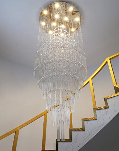 W32 x H100 Glam Chandelier with LED Bulbs Crystal Raindrop High Ceiling Pendant Light for Entrance Large Villa Chandelier Foyer Lighting Fixtures Silver (Silver / Round W32" X H100")