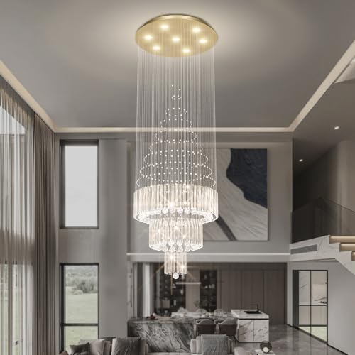 D24''XH86'' Modern Foyer Chandelier for High Ceiling Modern LED Crystal Raindrop Chandelier for Tall Living Room (Gold / D24"X H86")