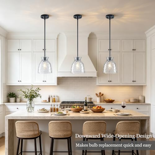 Upgrade 7.5" Hammered Glass Pendant Lights Kitchen Island Lighting 2 Pack (Black / 2 Pack)