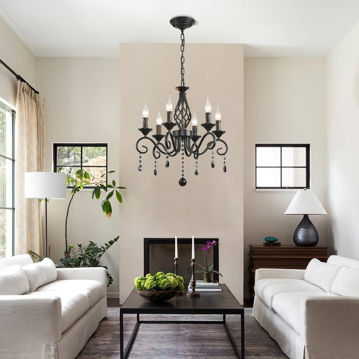 6 Light Black Crystal Chandelier (Black/6 Lights/Crystal)