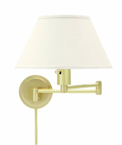 WS14-51 Home/Office Collection Swing-Arm Wall Lamp, Satin Brass with Off-White Linen Hardback Shade (Satin Brass)