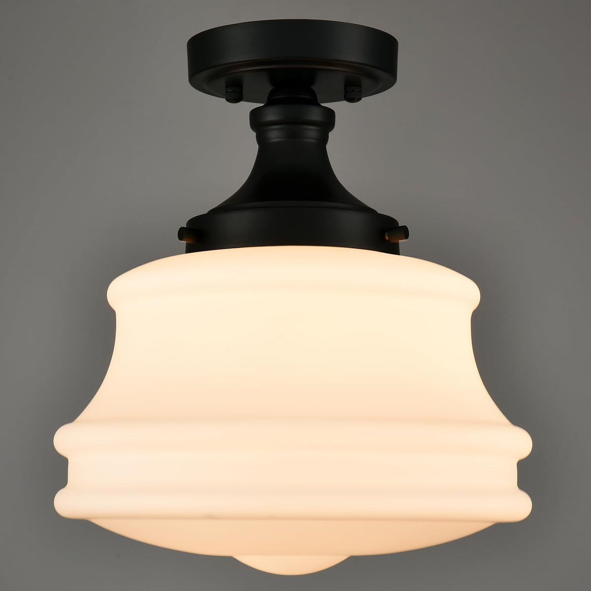 Black Semi Flush Mount Ceiling Light with Schoolhouse Milk Glass 11" (Semi-Flush Mount / Bronze)